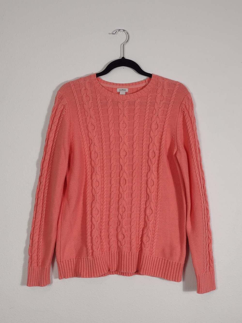 L.L. Bean Double L Cable Knit Crewneck Sweater Coral Orange
